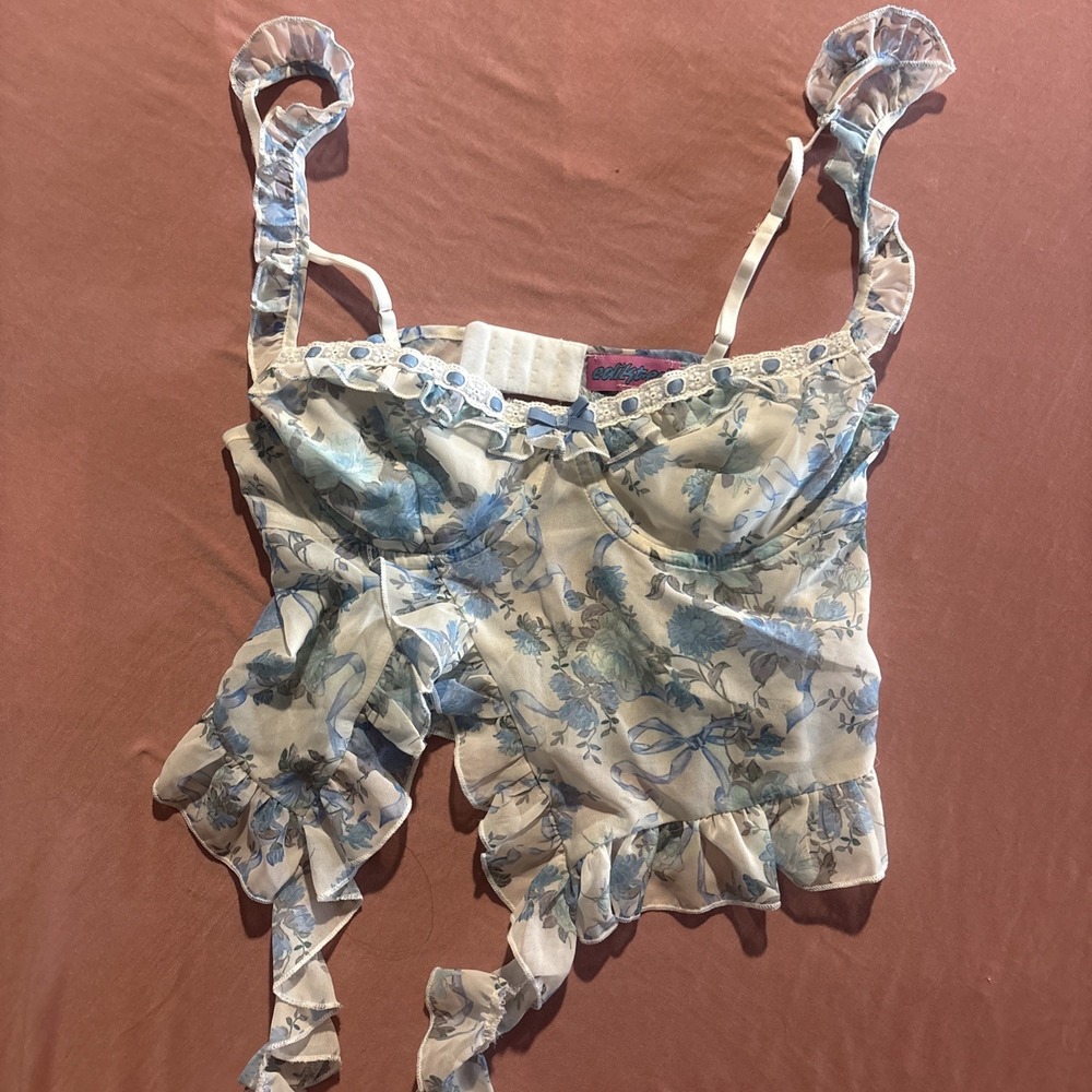 Edikted Bustier Style Top Medium Blue White Floral Sheer Ruffle Blouse